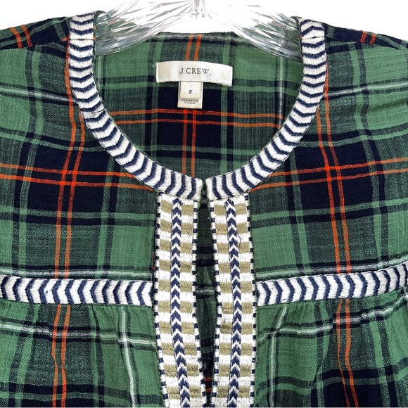J. Crew top, 100% cotton, green plaid with patterned trim on front and back - Picture 3 of 11